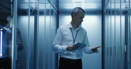 Technician Works on a Tablet in a Data Center