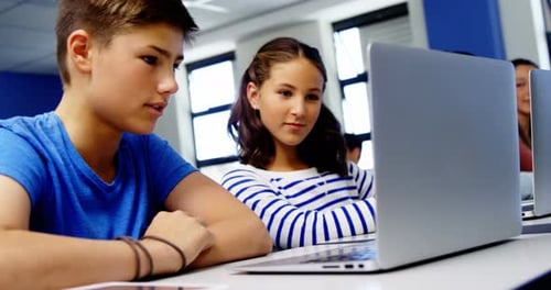 Students using laptop in classroom