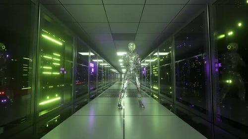 The Diamond Robot is Dancing on the Background of the Server Room