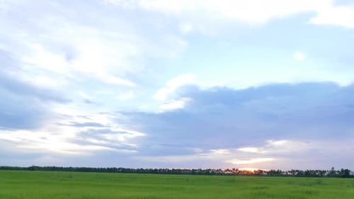Zeitraffer der Wolken am Himmel und auf der Wiese mit Sonnenaufgang