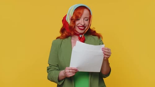 Girl Opens Envelope Letter Reads It Feel Happy Career Growth Advance Promotion Bank Loan Approve