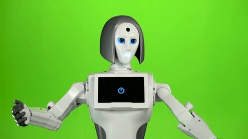 Robot Shows the Various Teams with Their Own Hands. Green Screen