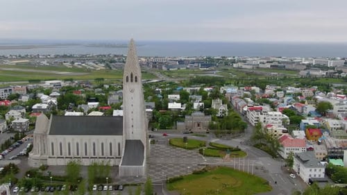 Aerial footage of Hallgrimskirkja church in Reykjavik, Iceland