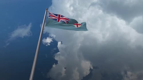 Fiji National Flag Waving in Realistic Cloudy Sky