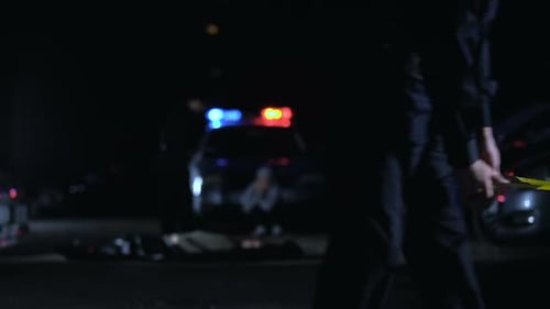 Police Officer Taping Crime Scene With Ribbon, Isolated Investigation Place