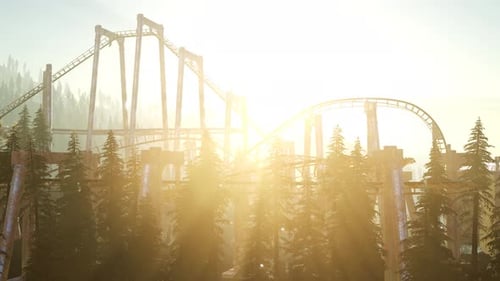 Abandoned Roller Coaster in Forest with Golden Sunbeams