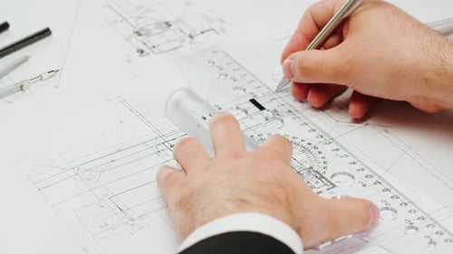 Architect Man Drawing Plan Blueprint Closeup