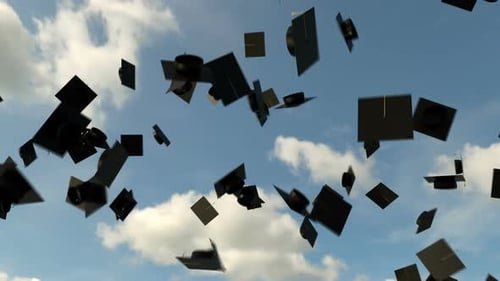 Graduation Hats in the Air on the Blue Sky Background, University Graduation 4k