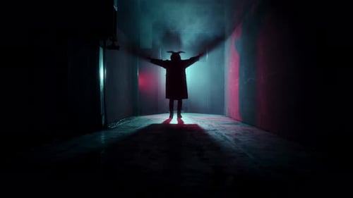 Figure with Horns in Dark Urban Alley at Night