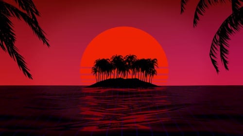 3d Tropical Sunset with Island and Palm Trees