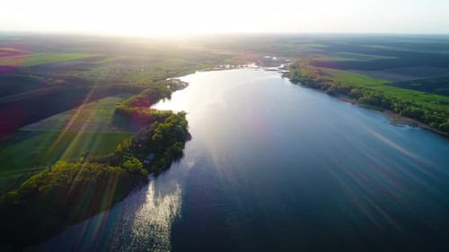Flying Over the Beautiful Spring River. Aerial Camera Shot, Ukraine