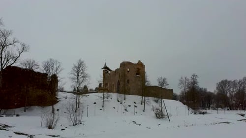 Ruins of Ancient Livonian Order's Stone Medieval Castle Latvia Aerial Drone Top Shot