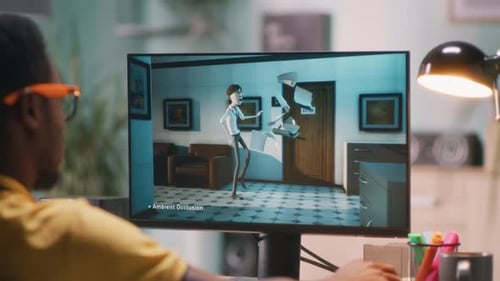 Mann erstellt 3D-Cartoon auf dem Computer