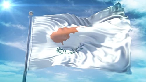 Realistic Cyprus National Flag Waving Against Blue Sky