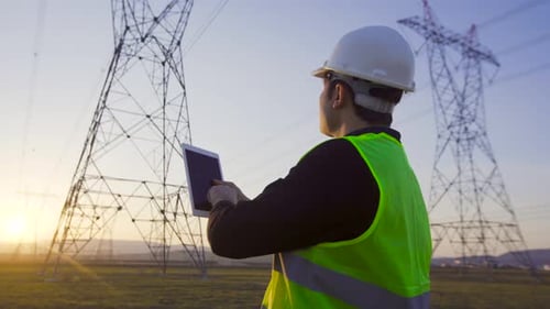 Ingenieur, der bei Sonnenuntergang vor Stromleitungen arbeitet.