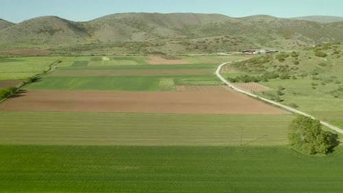 Aerial view of fields surrounded by vegetation and hills.