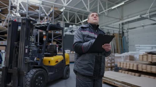 Concentrated Professional Warehouse Worker Filling in Bill of Lading Standing in Industrial Storage
