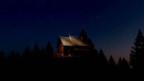 Wooden Chalet and Forest Night View
