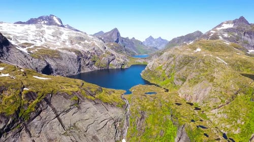 Aerial View of Mountainous Lake and Waterfalls