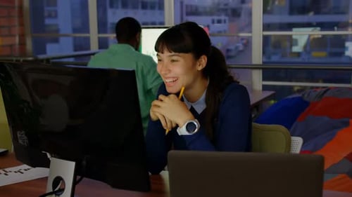 Businesswoman making video call on computer in a modern office 4k