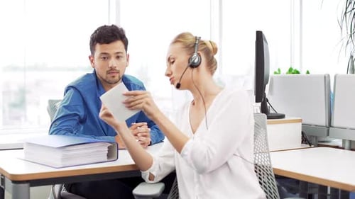 Colleagues Working at Modern Office Man Explaining to Woman Questions Slow Motion
