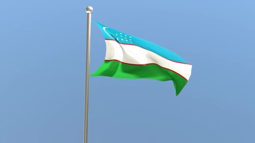 Uzbekistan Flag Waving Animation Against Blue Sky