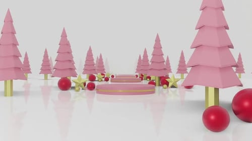 Festive Pink Christmas Scene with Display Pedestals and Ornaments