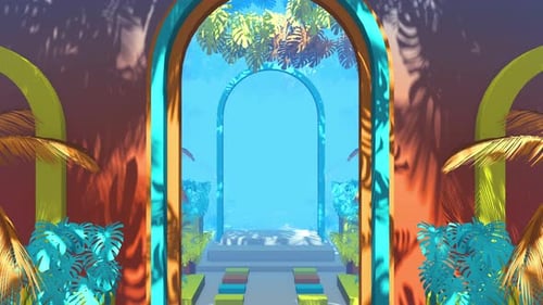 Modern Looping Tropical Archway Path Through a Stylized Garden