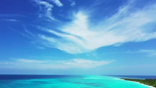 Aerial view tourism of perfect shore beach lifestyle by shallow ocean with white sand background of