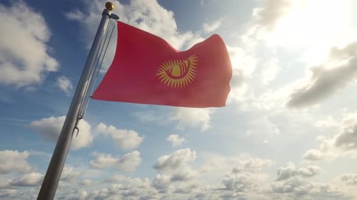 Kyrgyzstan Flag Waving in the Wind with Sunny Sky