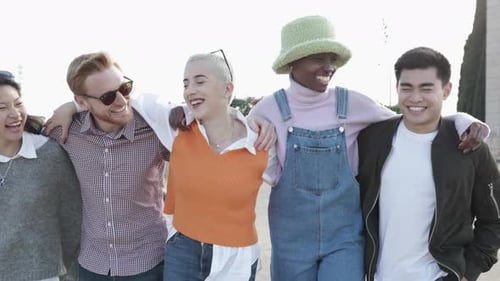 Happy Friends Walking Together Arm-in-Arm