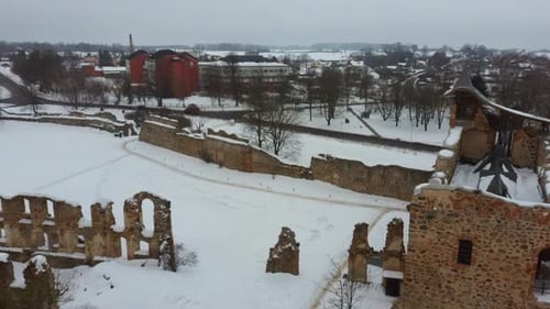 Ruins of Ancient Livonian Order's Stone Medieval Castle Latvia Aerial Drone Top Shot