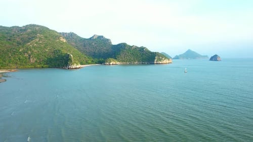 4K Aerial view of drone move on beautiful sea. Flight over ocean, open sea.