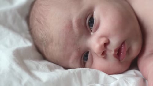 Infant Lying on White Blanket Looking at Camera