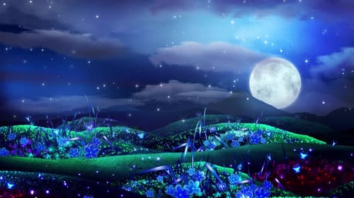 Enchanted Night Landscape with Glowing Flowers and Butterflies