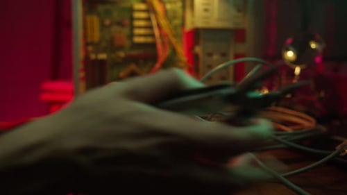 Careful Hacker Cutting Wires Using Pliers Stealing Information From Laptop Breaking Password