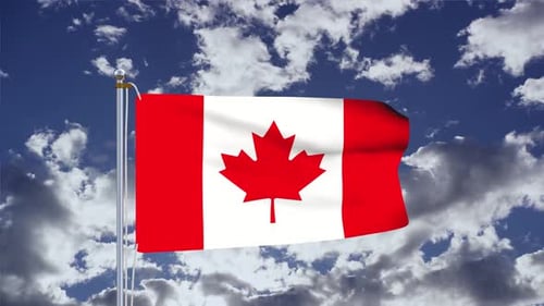 Realistic Canadian Flag Waving Against Blue Sky with Clouds