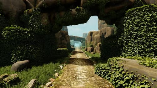 Animated Path Through Ancient Stone Archway in Nature