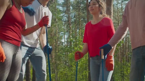 Friends High Five After Planting Trees in Forest