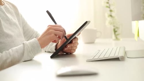 Hands Using Tablet with Stylus at Desk