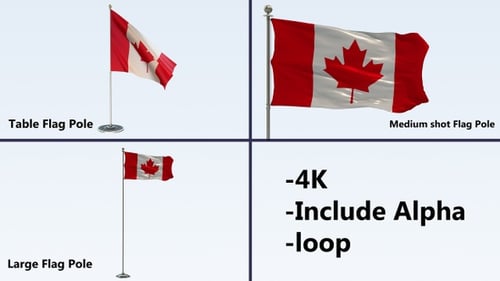 Realistic Waving Canadian Flag on Pole with Alpha Loop