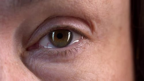 Close-up of a Middle-aged Woman's Brown Eyes Blinking and Squinting. There Are Wrinkles Around the