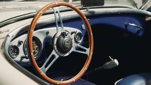 Classic Car Interior with Wood Steering Wheel