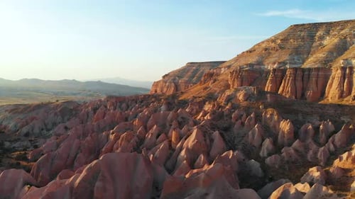 Cappadocia Aerial Drone View To Red and Rose Valley Rocks, Goreme Turkey