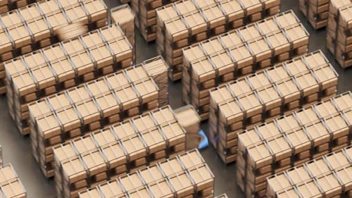 Warehouse industry autonomic robots carrying metal shelves with cardboard boxes.