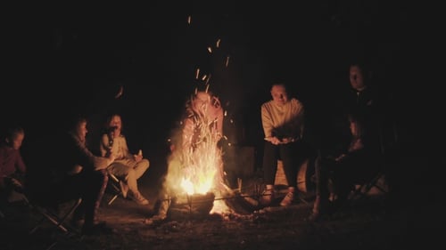 Family on a picnic near a campfire in the dark