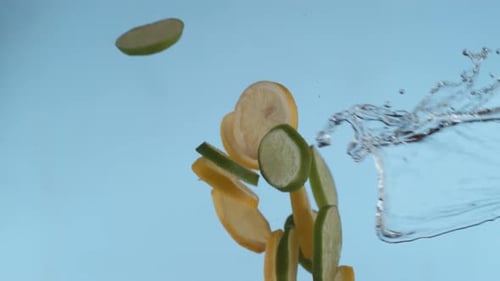 Lemon and Lime Slices Falling with Water