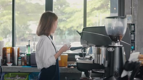 woman barista wearing aprons working at the counter at the cafe coffee shop