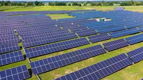 Solar panels in aerial view. Top view of solar panels in solar farm