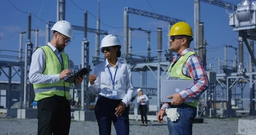 Engineers Inspecting Power Station Infrastructure on Sunny Day